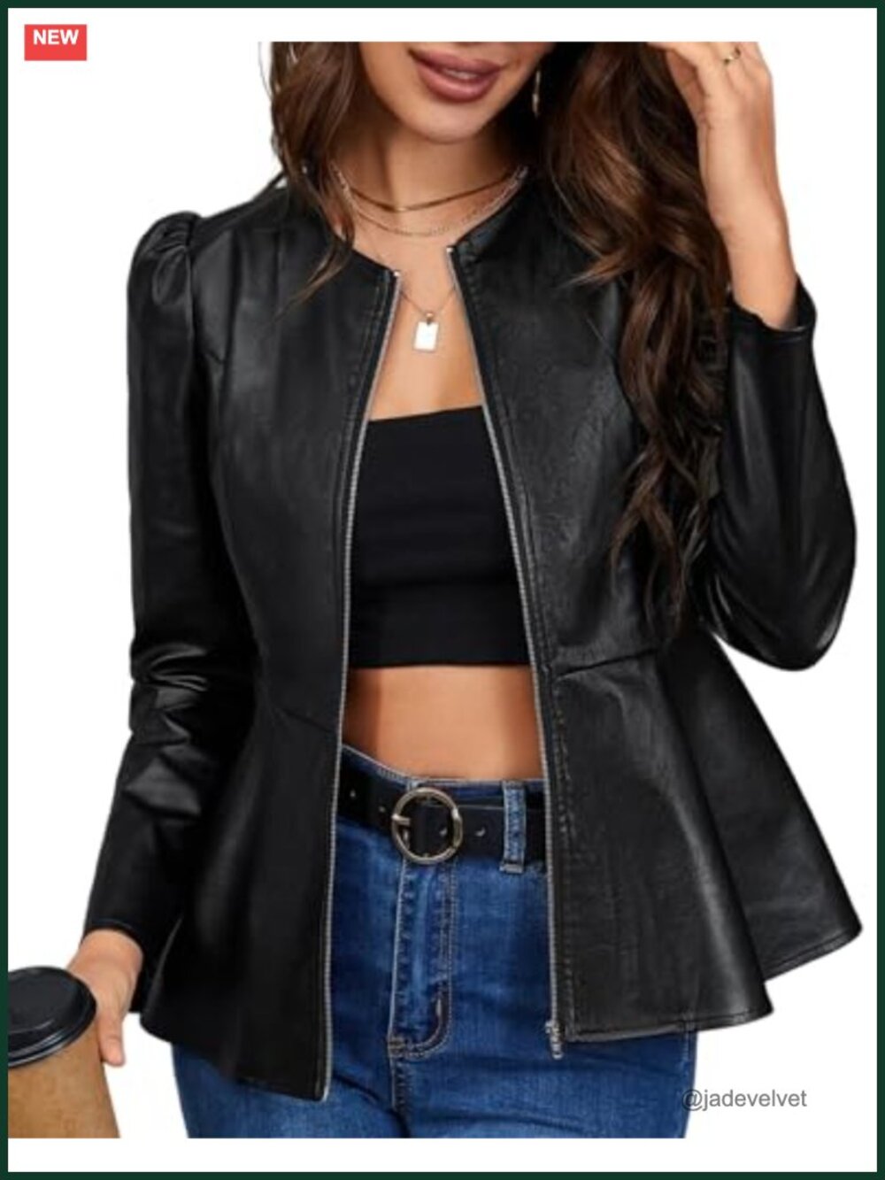Faux Leather Peplum Jacket Zip Up Puff Sleeve Crop Coat